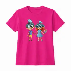 Kinder-T-Shirt mit Print „Vivo und Viva“, Zyklam, Baumwolle, exklusives Design von Vivabook