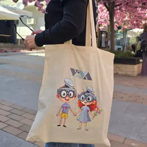 Baumwoll-Ökotasche aus festem Stoff mit langen Henkeln, ohne Aufschrift, mit den Figuren Vivo und Viva