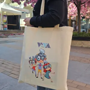 Baumwoll-Ökotasche aus festem Stoff mit langen Henkeln, ohne Aufschrift, mit den Figuren Vivo, Tino und Viva