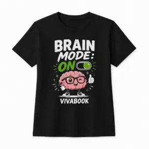 Kinder-T-Shirt mit Aufdruck „Brain Mode ON“, Schwarz, Baumwolle, exklusives Design von Vivabook