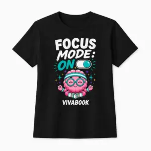 Kinder-T-Shirt mit Aufdruck „Focus Mode ON“, Schwarz, Baumwolle, exklusives Design von Vivabook